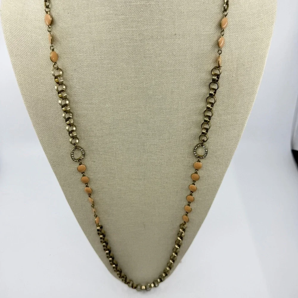 Antique Gold Tone Peach Enamel Rhinestone Long Chain Necklace Boho Statement